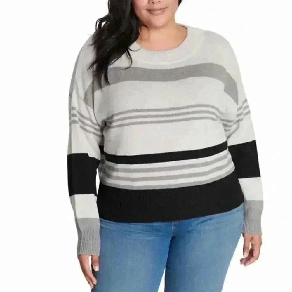 Lucky Brand Colorblock Striped Black Gray Multi Sweater Oversized Relaxed XXL